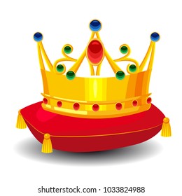 Gold crown with precious stones, on red pillow, cartoon style, vector illustration