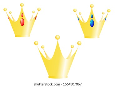 Gold crown with precious stones, set consists of: Crowns with ruby ​​and sapphire. Flat style, vector. Crown sticker, template for taming and collage.