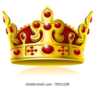 Gold crown with red gems, Isolated On White Background, Vector Illustration