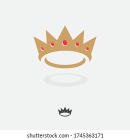 Gold Crown with red gems logo. Flat crown icon with shadow. Monochrome option.