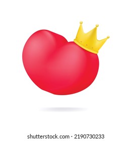 Gold crown with red hart badge popular concept. Luxury prince crown rating or status signs, customers feedback, like. 3D illustration vector design.