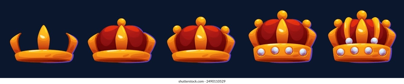 Corona de oro con almohada roja y piedras preciosas para el diseño de rango de nivel de ui juego. Conjunto de Ilustración vectorial de dibujos animados de la corona real de la joya de oro. Pasos del proceso evolutivo del signo del tesoro de la Regalías del reino.