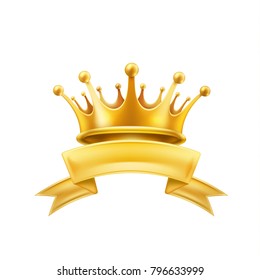 Gold crown ribbon shiny winner king or queen symbol. Vector first place champion sign. Royal luxury vip vintage ornament social network avatar icon. Realistic detailed illustration isolated background