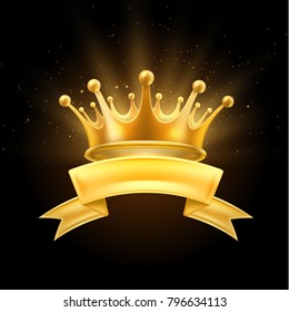 Gold crown ribbon shiny winner, king or queen symbol. Vector first place, champion sign. Royal luxury vip vintage ornament, social network avatar icon. Realistic detailed illustration black background