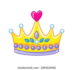 Gold crown richly decorated with precious stones, pearls, hearts. Princess tiara. Vector illustration of an accessory in a cartoon children's style. Isolated cute clipart. Colored art with an outline