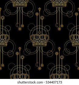 Gold crown Seamless Pattern and geometric elements on black background. Modern wallpaper.