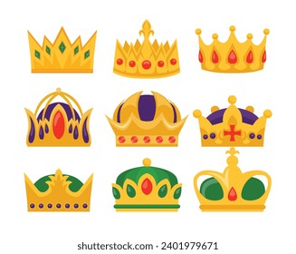 Gold crown set collection, Crowns set, Golden royal jewelry symbol of king queen and princess, Crown jewels isolated on white background,  headdress for king and queen, noble aristocrat monarchy.