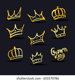 Gold crown set, hand drawn, vector illustration icons. Ink sketch, design elements.