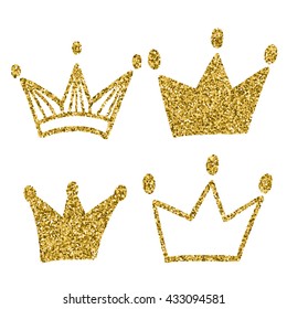 Gold crown set isolated on white background. Glitters set of king crowns. Vector Illustration. Graphic design editable for your design.