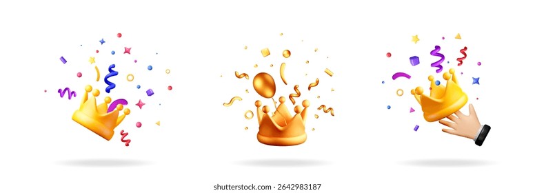 Gold crown set. Royalty concept. Confetti and sprinkles explosion. Vector illustration for greeting card and party invitation.