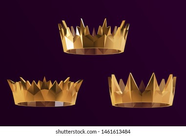 Gold Crown. Shiny Metallic Set of Golden Crowns on Dark Isolated Background. Low Poly Vector 3D Rendering