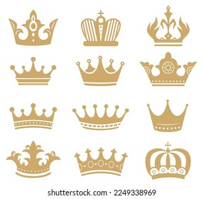 Gold crown silhouette. Royal king and queen elements isolated on white. Monarch jewelry, diadem or tiara for princess or objects for princess coronation. Vintage royalty symbols vector set