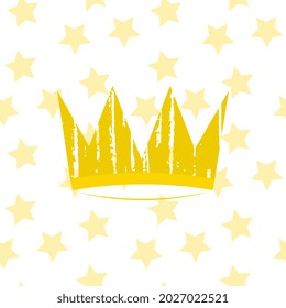 Gold Crown textured on white background with stars, seamless pattern.