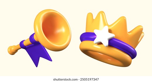 Gold crown and trumpet with blue flag. Set of vector templates