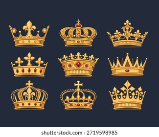 Conjunto de iconos de Vector de corona de oro - Paquete real de la reina reina