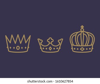 Gold crown vector set kingdom throne monarchy traditional vintage illustration