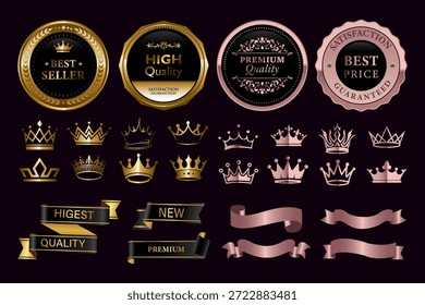 Gold crown vector,best quality gold badges.Premium quality stamp certificate seal,Gold medal,super sale sticker tags for best price banners product, top no.1 brand,best seller badge with golden crown