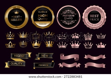 Gold crown vector,best quality gold badges.Premium quality stamp certificate seal,Gold medal,super sale sticker tags for best price banners product, top no.1 brand,best seller badge with golden crown