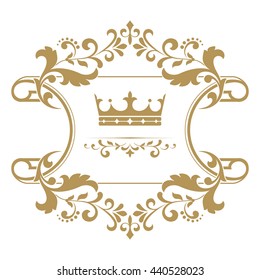 Gold crown in a vintage frame on a white background. Stylish graphic vector design. 