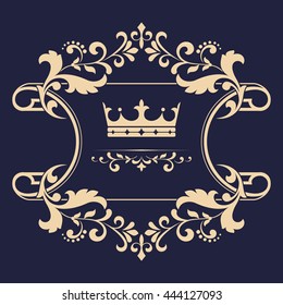 Gold crown in a vintage frame on a black blue background. Stylish graphic vector design.