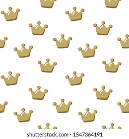 Gold crown white background seamless pattern for boy, girl nursery wallpaper. Wrapping paper design with prince, princess royal golden beige symbols. 