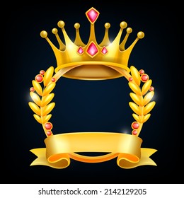 Gold crown winner frame, vector award laurel wreath, trophy circle emblem, victory ribbon on black. 3D achievement round reward, level up user interface avatar, king royal symbol. Winner ranking frame