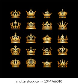 Gold crowns logo, icon set. Crown royal isolated on black background. Vector image