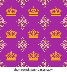 Gold Crowns On Purple Background, seamless pattern, vector background, texture