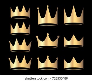 Gold crowns set for heraldry design isolated on black background.