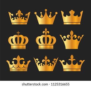 Gold Crowns Set - Set of gold crowns icons. Colors in gradients are global, so they can be changed easily. Each element is grouped individually for easy editing.