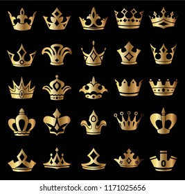 Gold Crowns Set - Set of gold crowns icons. Colors in gradients are global, so they can be changed easily. Each element is grouped individually for easy editing.