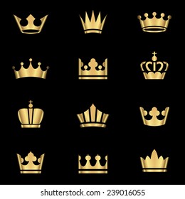 Gold Crowns Set - Set of gold crowns icons.  Colors in gradients are global, so they can be changed easily.  Each element is grouped individually for easy editing.