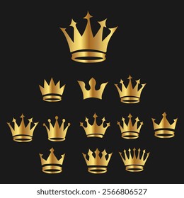 Gold Crowns Set Symbolizing Royalty and Elegance on Black Background	
