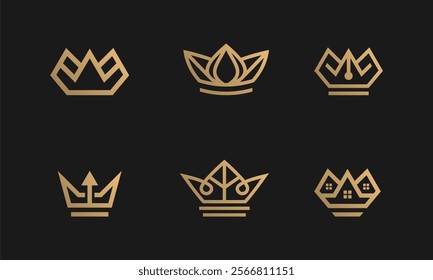 Gold Crowns Set Symbolizing Royalty and Elegance on Black Background	
