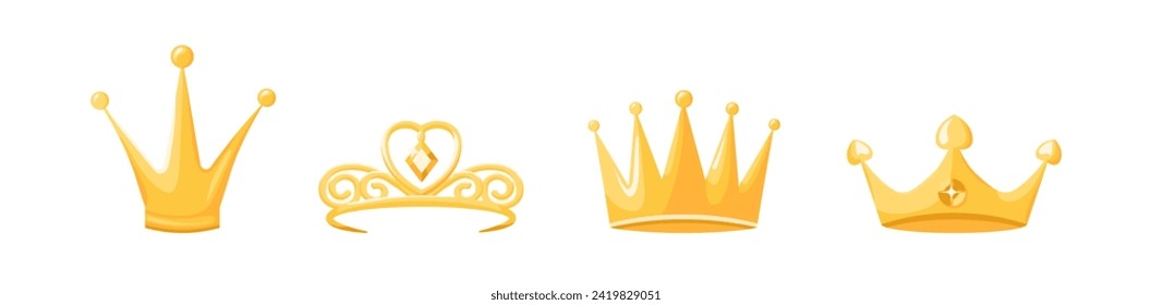 Gold crowns and tiaras set. Luxurious golden jewelry for queens and princes with hearts monarchical design and vintage gemstones with royal vector style