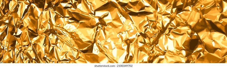 Gold crumpled foil background, banner. Aluminum foil as background for design. Texture of crumpled foil. Crumpled Golden Foil, Texture Fashion Background. Golden texture with metallic luster. Vector