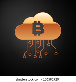 Gold Cryptocurrency cloud mining icon isolated on black background. Blockchain technology, bitcoin, digital money market, cryptocoin wallet. Vector Illustration