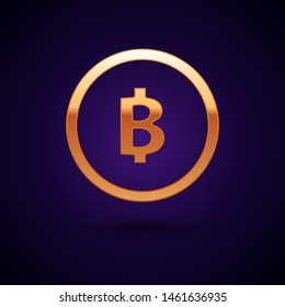 Gold Cryptocurrency coin Bitcoin icon isolated on dark blue background. Physical bit coin. Blockchain based secure crypto currency.  Vector Illustration