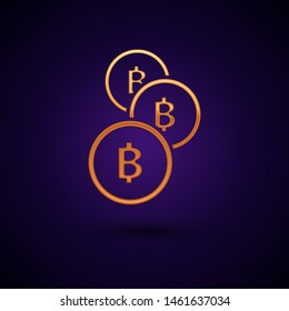 Gold Cryptocurrency coin Bitcoin icon isolated on dark blue background. Physical bit coin. Blockchain based secure crypto currency.  Vector Illustration
