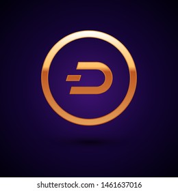 Gold Cryptocurrency coin Dash icon isolated on dark blue background. Digital currency. Altcoin symbol. Blockchain based secure crypto currency.  Vector Illustration