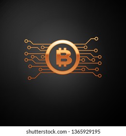 Gold Cryptocurrency concept bitcoin in circle with microchip circuit icon isolated on black background. Blockchain technology, digital money market. Vector Illustration