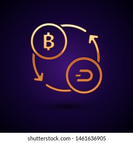 Gold Cryptocurrency exchange icon isolated on dark blue background. Bitcoin to Dash exchange icon. Cryptocurrency technology, mobile banking.  Vector Illustration