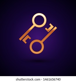 Gold Cryptocurrency key icon isolated on dark blue background. Concept of cyber security or private key, digital key with technology interface.  Vector Illustration