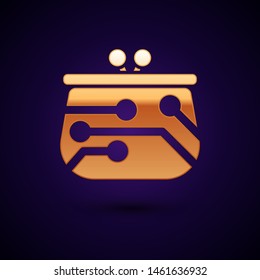 Gold Cryptocurrency wallet icon isolated on dark blue background. Wallet and bitcoin sign. Mining concept. Money, payment, cash, pay icon.  Vector Illustration