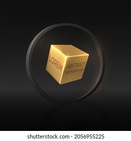 Gold cube in a black circle. Abstract geometric vector background.