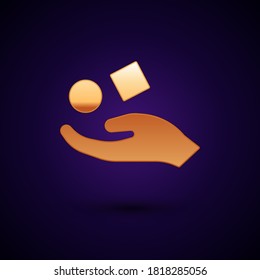 Gold Cube levitating above hand icon isolated on black background. Levitation symbol.  Vector Illustration