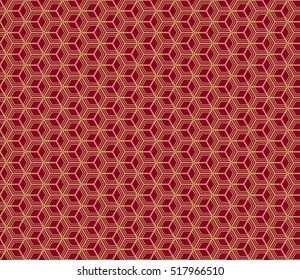 Gold cubes on red. Optical illusion. Vector illustration. For the interior design, wallpaper, business