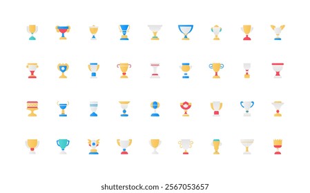 Gold cup award, trophy of winner in game and contest, champion of championship color icon set. Different shapes of golden goblets for success achievement flat badge elements vector illustration