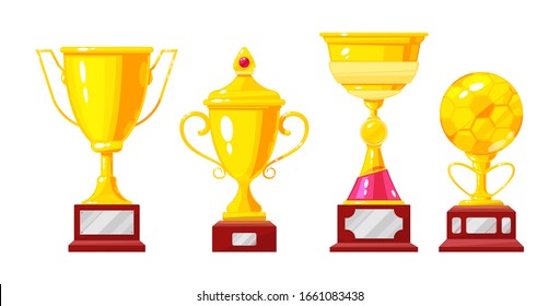 Gold cup, awards golden bowls on podium. Championship winner golden trophy cup. Award for victory in sports competitions, symbol leader, champion of winner. Prize in football game vector