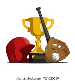Gold Cup, bat, baseball glove with ball and helmet red.
